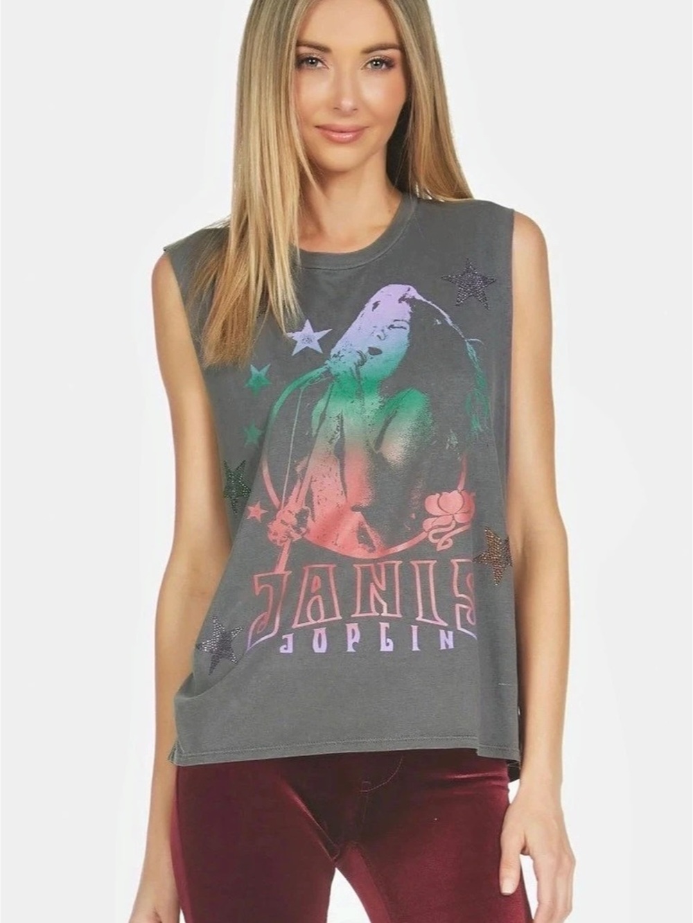 Lauren Moshi Kel Janis Joplin Graphic Muscle Tee in Gray. Size S, Like New